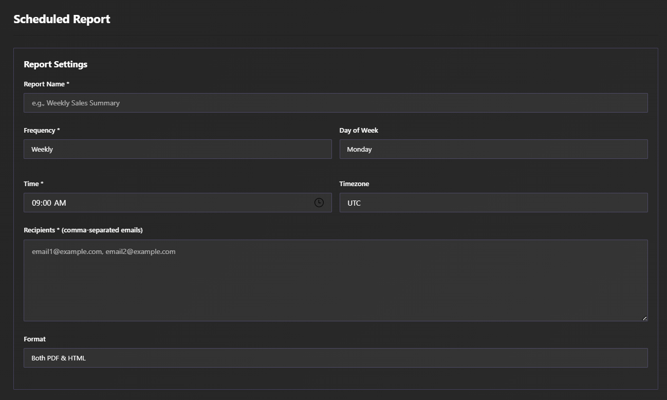 QuantumLayers report creation and scheduling screen that shows how to deliver daily, weekly or monthly frequency reports by email automatically.